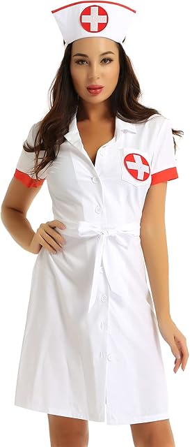 Women Sexy Naughty Nurse Doctor Cosplay Costume Outfits Fancy Dress Uniform Flared Dress with Hat