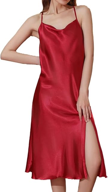 Women's Satin Nightgown Midi Chemise Square Neck Sleeveless Side Slit Open Back Sleepwear Lingerie