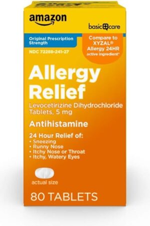 Amazon Basic Care 24 Hour Allergy Relief, Levocetirizine Dihydrochloride Tablets, 5 mg Antihistamine for Sneezing, Runny Nose, Itchy Nose or Throat and Itchy, Watery Eyes, 80 Count Pack