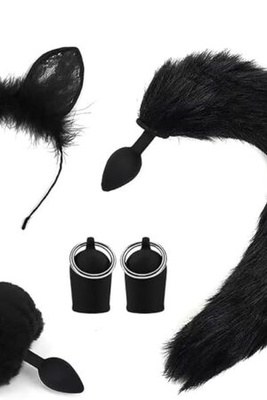 Cat Tail Anal Plug Cosplay Set, Fox Tail Butt Plug Sexy Cat Ear Hairpin Breast Pump Anal Stopper Tail Sex Toy for Adult Couples (Black)