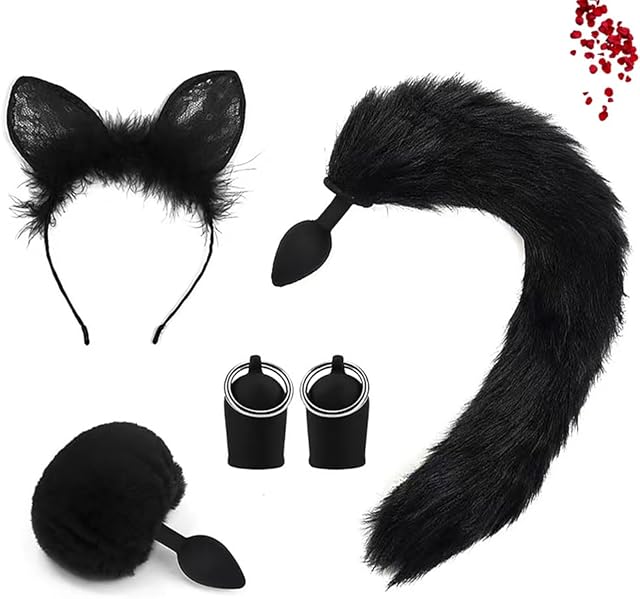 Cat Tail Anal Plug Cosplay Set, Fox Tail Butt Plug Sexy Cat Ear Hairpin Breast Pump Anal Stopper Tail Sex Toy for Adult Couples (Black)