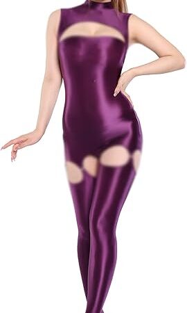 Women's Sexy Oil Shiny Glossy Bodystocking Long Sleeve Bodysuit Catsuit Bodycon Dress with Stockings