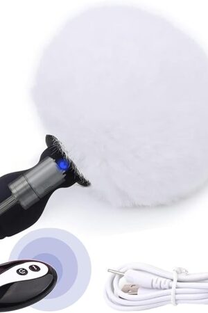 Bunny Tail Butt Plug Vibrator, Soft Silicone Anal Plug with White Furry Tail Plug, Wireless Remote Control Design, Rabbit Tail Trainer for Adult Sex Toys for Role Play Cosplay Women, Men and Couples