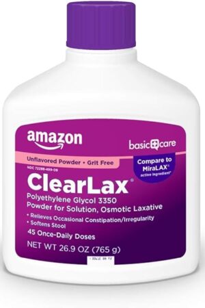 Amazon Basic Care ClearLax Polyethylene Glycol 3350 Powder for Solution, Osmotic Laxative, Relieves Occasional Constipation, Unflavored, 168 pound (Pack of 1)