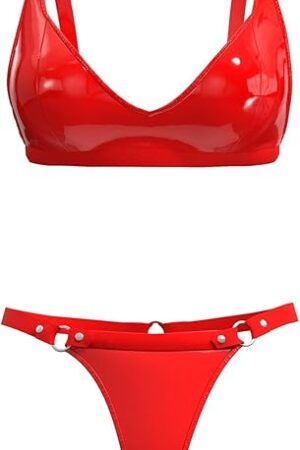 Women Sexy Leather Lingerie Set, High-Elastic Shorts, Glossy, Shiny Shaping Latex Bra Adjustable