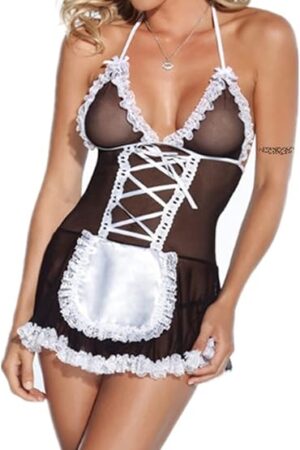 Women French Maid Outfit Costume Sexy Lingerie Sheer Naughty Servant Uniform Cosplay Lace Babydoll Apron Fancy Dress