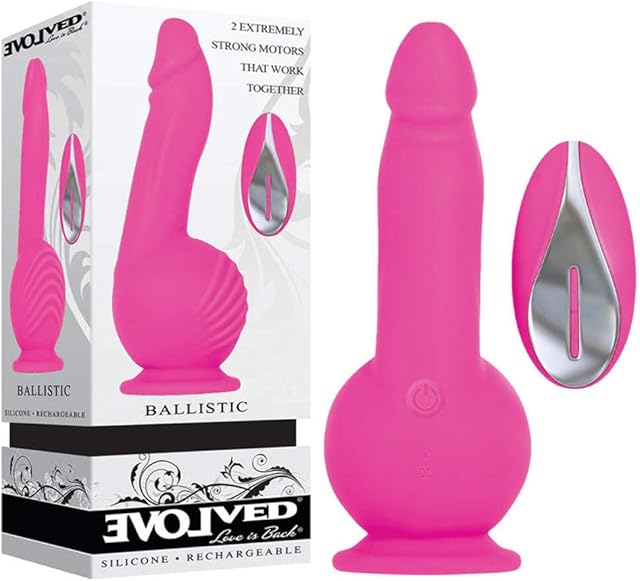 Evolved Love Is Back - Ballistic - Silicone Rechargeable - 2 Extremely Strong Motors That Work Together - Dildo Suction-Cup Vibrator with Remote Control - Pink