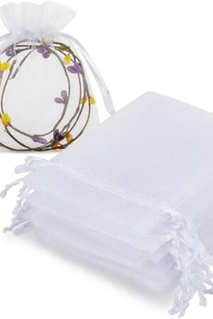 HRX Package 100pcs White Organza Jewelry Bags Drawstring 3 x 4 inch, Little Mesh Gift Pouches Mini Candy Bags for Small Presents Jewelry Earrings