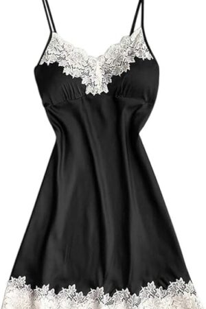 Dresses for Women Sexy Spaghetti Strap Lace Trim Dresses Nightgown Sleep Deep V-Neck Dress Chemise Babydoll Lingerie Dress