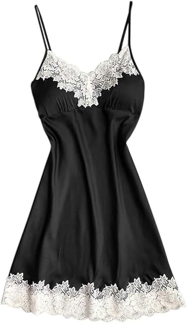 Dresses for Women Sexy Spaghetti Strap Lace Trim Dresses Nightgown Sleep Deep V-Neck Dress Chemise Babydoll Lingerie Dress