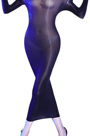 Women's Sexy Bodystocking Lingerie Long Dress Shiny Lace Round Neck Sheer Dress Lace Teddy Dress