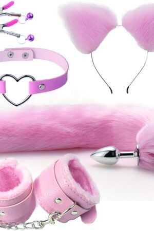 Anal Sex Toys Fox Tail Butt Plug Sexy Plush Cat Ear Headband With Mental Leather Necklace Handcuff For Cosplay 5pcs Set