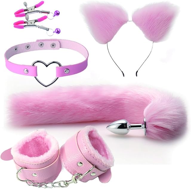 Anal Sex Toys Fox Tail Butt Plug Sexy Plush Cat Ear Headband With Mental Leather Necklace Handcuff For Cosplay 5pcs Set