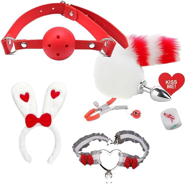 Bunny Anal Plug Set Rabbit Ear Headband Faux Fox Tail Butt Cosplay Furry Sex Toy Lace Choker Mouth Ball Gag Sex Dice Nipple Clip Clamp