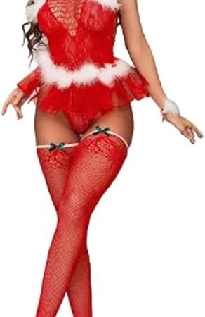 Christmas Lingerie Women Exotic Red Lace Bodysuit with Stockings Sexy Naughty Santa Costume Sheer Mesh Cutout Babydoll