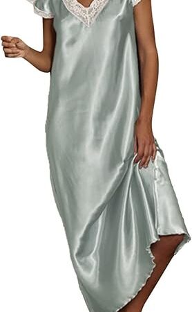 Womens Silk Satin Long Nightgown Lace Trim Chemise Lingerie Maxi Sleepdress for Ladies V Neck Shorts Sleeve Sleepwear