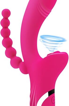 G-spot Bunny Vibrator Vibrations/Sucking 3 in 1 Vibrators with Vibrating Pull Beads, Waterproof Clitoral Nipple Anal Stimulato, Sex Toys(Red)