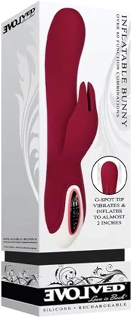 Evolved Love Is Back - Inflatable Rechargeable Silicone Bunny - Over 60 Function Combinations - G-Spot Tip Vibraties & Inflates to Almost 2 Inches - Burgundy