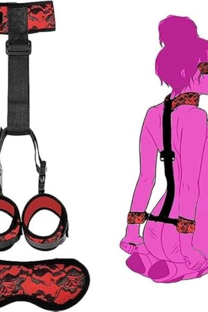Generic Set Behind Back Handcuffs Collar with Blindfold Adjustable Bondage Gear & Accessories BDSM Neck to Wrist Bondage Restraints,SM Games for Couple Sweater 22Ju, Red