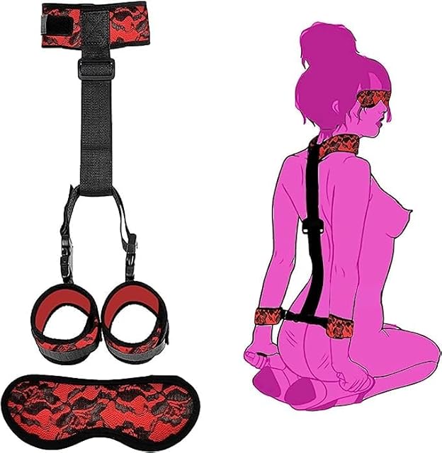Generic Set Behind Back Handcuffs Collar with Blindfold Adjustable Bondage Gear & Accessories BDSM Neck to Wrist Bondage Restraints,SM Games for Couple Sweater 22Ju, Red
