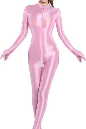 Women's Sexy Long Sleeve Satin Glossy Zipper Crotch Full Bodystocking Catsuit Bodysuit Jumpsuit Attached Gloves