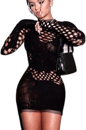Club Outfits, Hollow Out, Long Sleeve One Piece Bodycon Fishnet Dress