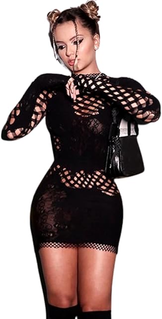 Club Outfits, Hollow Out, Long Sleeve One Piece Bodycon Fishnet Dress