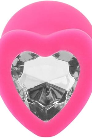 Heart Shaped Anal Plug - Hypoallergenic Nonporous Silicone - Removable Jewel - Smooth & Tapered Shape - Flared Base - Glamorous Gem - Pink Color Clear Jewel - Small