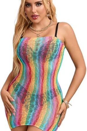 Fishnet Lingerie for Women Hollow Out Rainbow Mesh See Through Bodysuits Party Club
