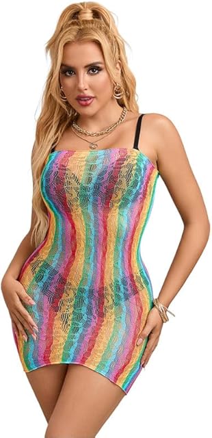 Fishnet Lingerie for Women Hollow Out Rainbow Mesh See Through Bodysuits Party Club