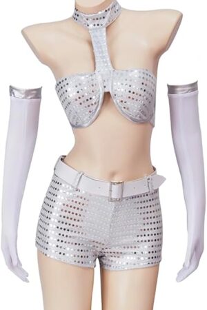 International Man of Mystery Cosplay Costume Women's Sexy Robot Lingerie Set Metallic Bra Top and Shorts Outfit