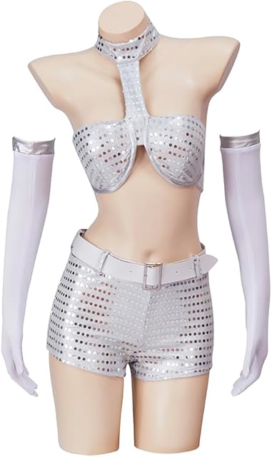 International Man of Mystery Cosplay Costume Women's Sexy Robot Lingerie Set Metallic Bra Top and Shorts Outfit
