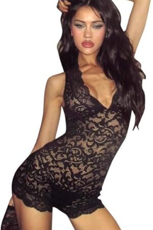Women's Lace See Through Deep V Neck Sleeveless Short Romper Sexy Bodycon Shorts Jumpsuit Lingerie Clubwear