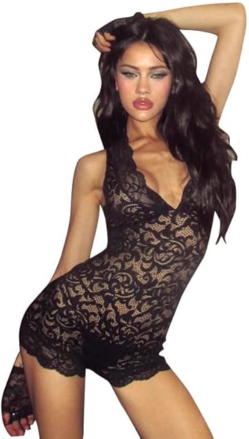 Women's Lace See Through Deep V Neck Sleeveless Short Romper Sexy Bodycon Shorts Jumpsuit Lingerie Clubwear
