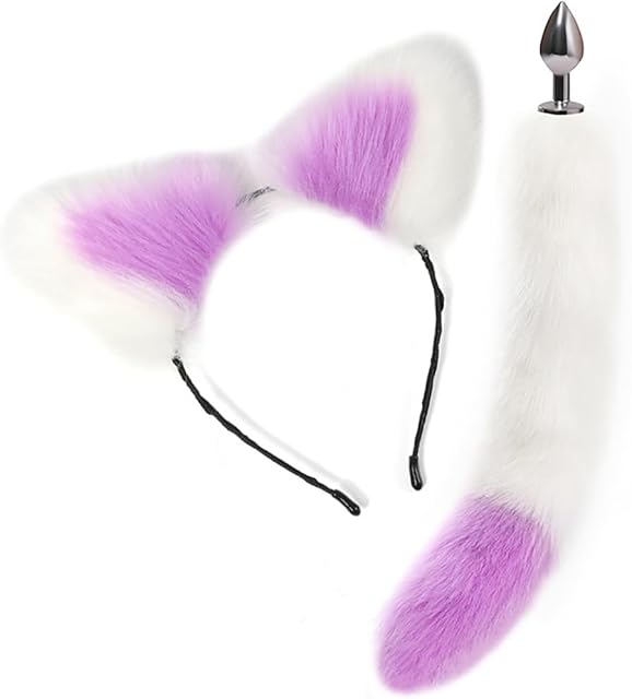 Butt Plug Fox Tail,2Pcs/Set Sex Fox Tail Anales Plug Toys Butt Plugs with Cat Ears Headband Anal Sex Toys Purple/White Double Colour Fox Tail-2.8cm Anal Plugs