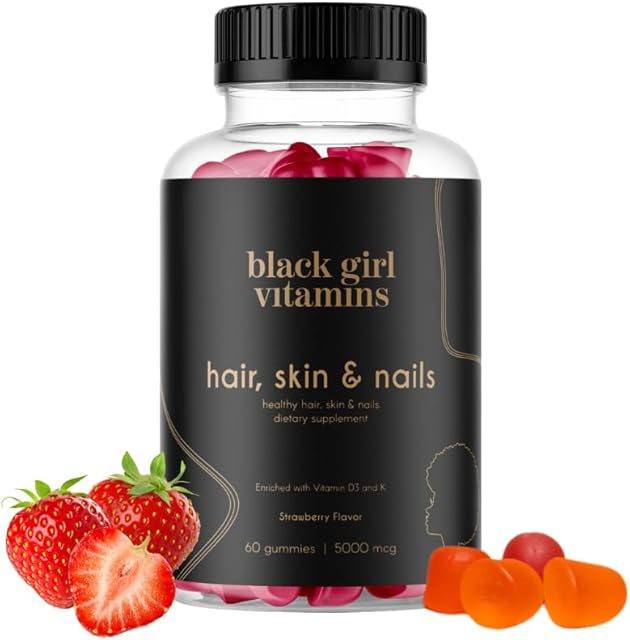 Black Girl Vitamins - Hair, Skin, and Nails Gummies with Biotin (6000 mcg), Zinc, Gelatin Free, Vitamin A, and Vitamin E - Gluten-Free Made in The USA (Strawberry, 60 Count) 30 Day Supply