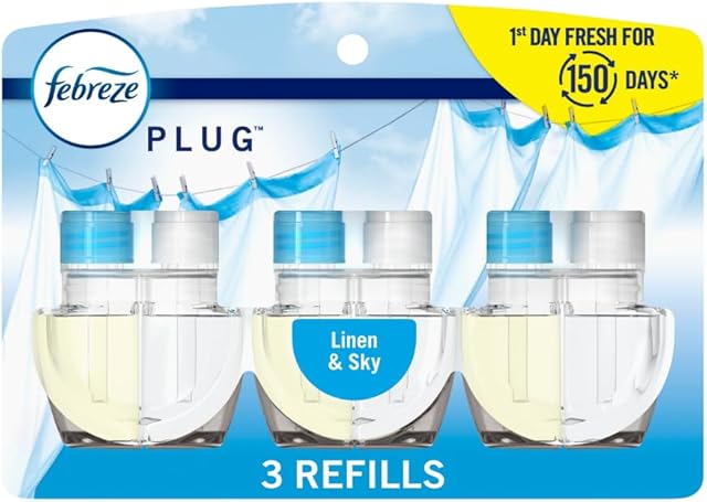 Febreze Plug In Air Freshener, Odor-Fighting Scented Oil Refill, Air Fresheners for Home and Bathroom and Kitchen, Long Lasting for Strong Odors, Linen & Sky Scent, 087oz Refills, 3 Count (Pack of 1)