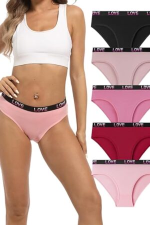 Women's Cotton Underwear Love Waistband Full Coverage Sexy Briefs Mid Waisted Breathable Ladies Panties 5 Pack