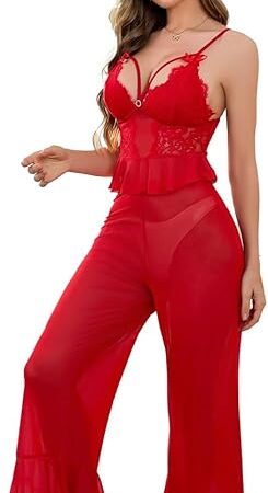 Women's Lace 2 Piece Mesh V Neck Cami Top and Long Pants Sexy Party Lingerie Pajama Sets