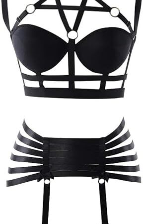 Womens Strappy Full Cage Body Harness Lingerie Garter Belt Set Elastic Hollow Tops Bralette Punk Gothic Festival Rave Wear