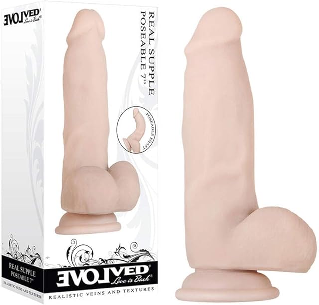 Evolved Love Is Back - Real Supple - Life-Like Feel - Poseable 7 Inch Realistic Veins and Textures - Bendable Shaft with Suction-Cup Dildo - Light/Beige
