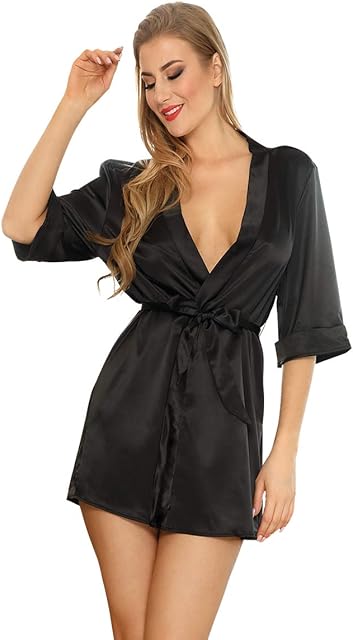 Black Satin Robe for Women - Silk Short Bridesmaid Lingerie