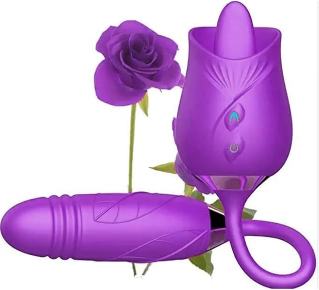 Generic Easy to Operate Rose Shape Toys Update Model 3 in 1 Rose Toy with Tongue Licking, Thrusting and Vibrating Adult Tools BZ842, Purple-ms