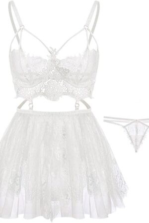 Bridal Lingerie White Floral Cutout Lace Embroidery Bralette Set Nightwear Wedding Sexy Elegant for Women