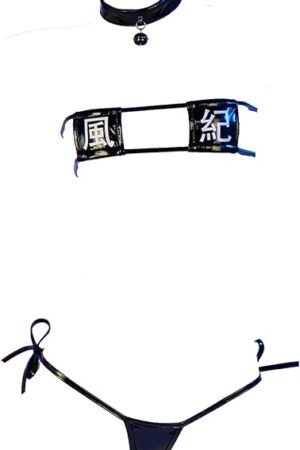 Womens Sexy Anime Cosplay Lingerie Lolita Cute Micro Bikini Set Kawaii Bra and Panty,Black-Leather