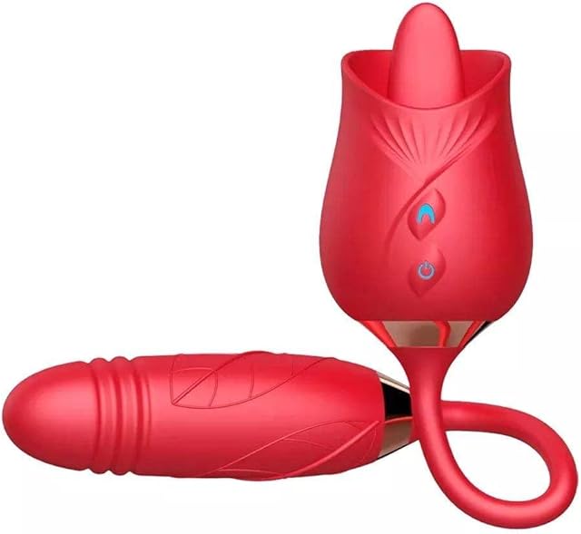 Flower Sex Toy Dildo Vibrator-2in1, Sex Stimulator for Women with 10 Tongue Licking & 10 Thrusting Dildo G Spot Vibrators, Adult Games Clitoral Nipple Licker for Woman Man, Couples Pleasure (RED)
