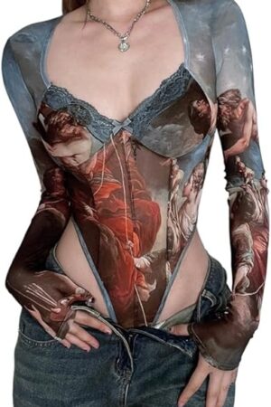 Women's Sheer Mesh Long Sleeve Bodysuit Tops Sexy See Through Lingerie Leotards Vintage Lingerie for Women