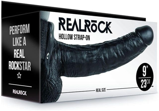 ASK GRANDPA GOURMET COFFEES RealRock Hollow Strap-On with Balls - 23 cm Black, Enhancer for Men, Adjustable Waistband, Realistic Dildo, Phthalate-Free, One-Size