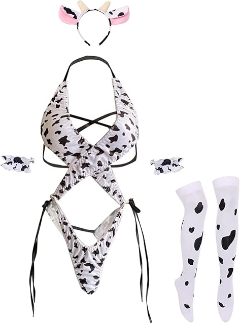 Womens Anime Cow Cosplay Milk Leopard Costume Lolita Kawaii Bikini Bodysuit Lingerie Panty Set White Stocking (Cow type 1)
