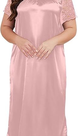 Women Plus Size Lace Mesh Patchwork Short Sleeve Sexy Satin Sleepwear Nightdress V Neck Casual Nightgown Nightshirt